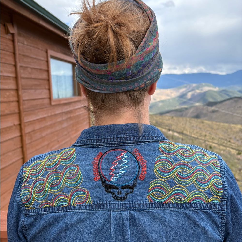 Upcycled Grateful Dead inspired hand stitched denim shirt. Size Medium